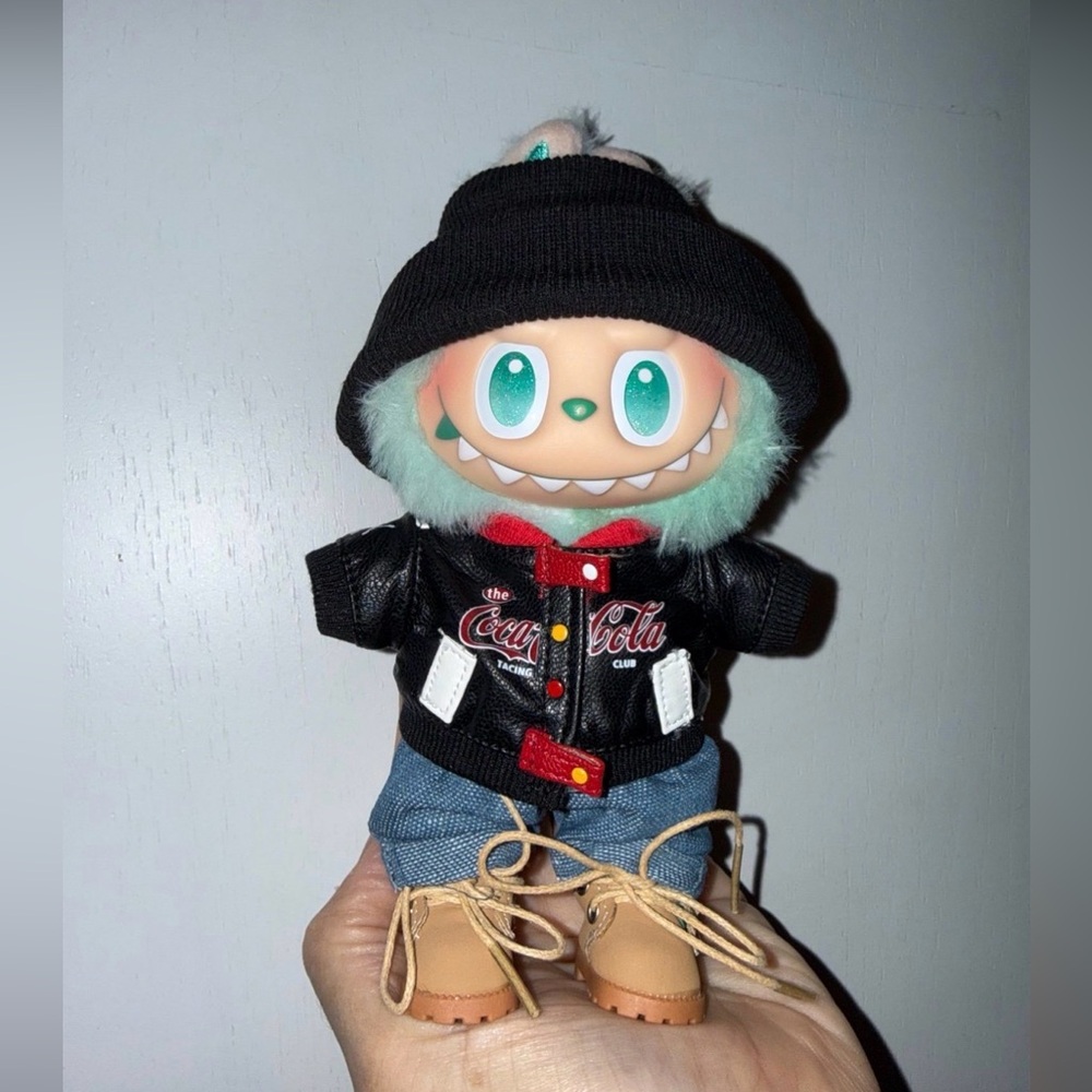 Labubu outfit- Coca Cola faux leather racing jacket, pants, boots and beanie set